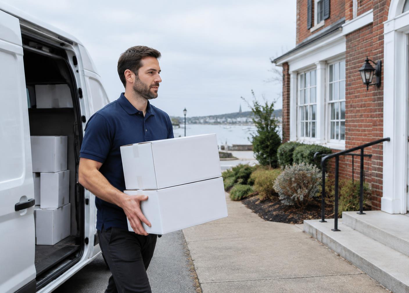 Courier carrying boxes from a van