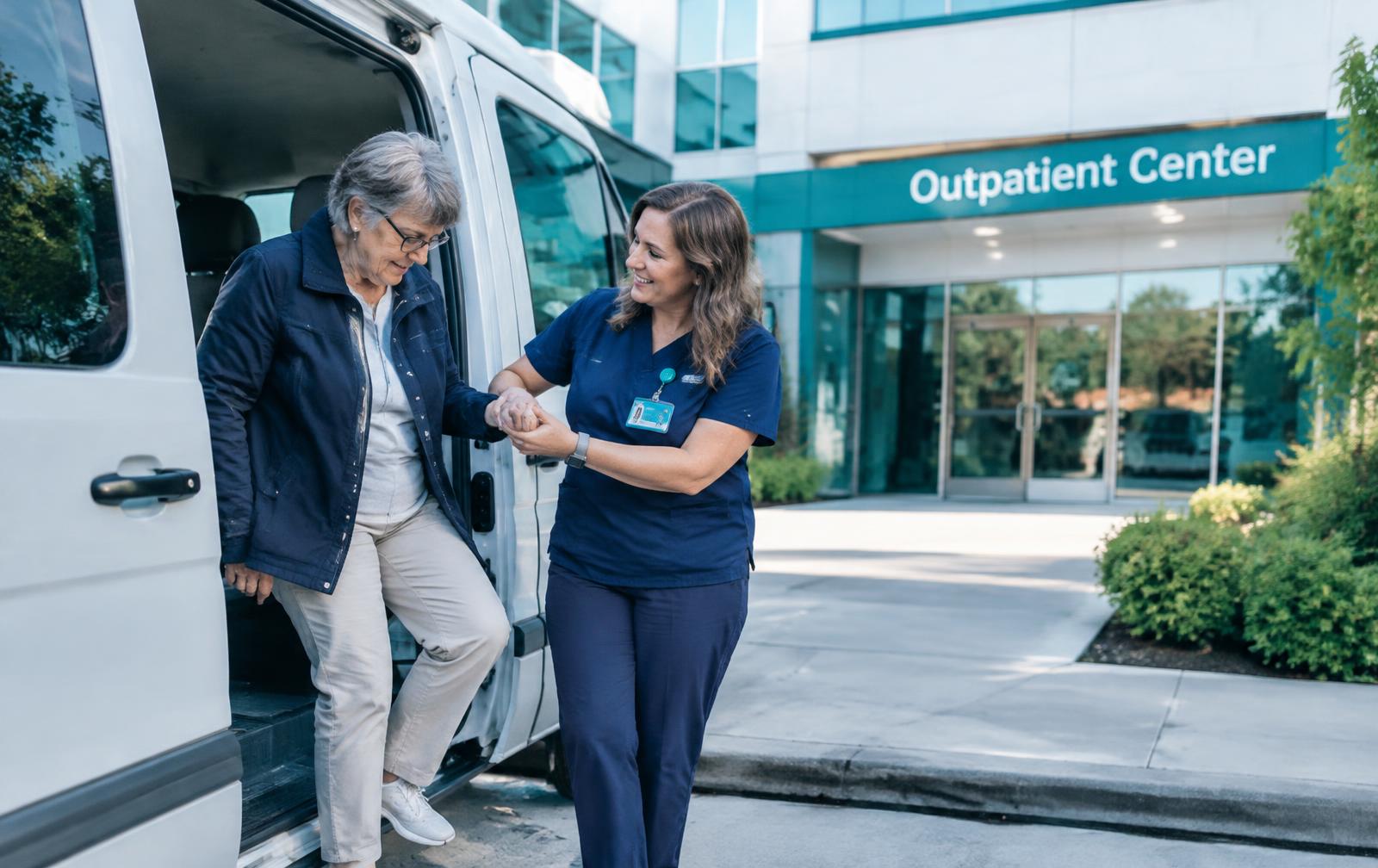 A nurse helping an older adult step out of a passenger van outside an outpatient center